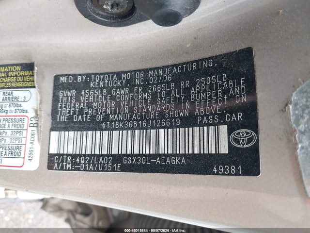 Продажа на аукционе авто 2006 Toyota Avalon Xls, vin: 4T1BK36B16U126619, номер лота: 45015884
