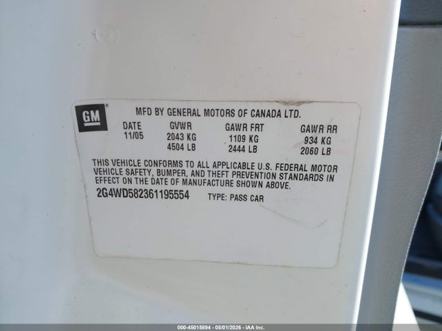 45015894 :رقم المزاد ، 2G4WD582361195554 vin ، 2006 Buick Lacrosse Cxl مزاد بيع