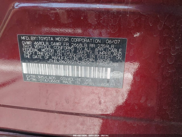 Продаж на аукціоні авто 2007 Lexus Es 350, vin: JTHBJ46G972142829, номер лоту: 45015896