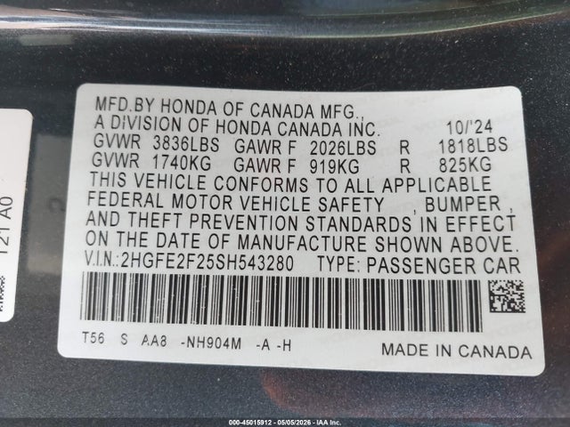 Продаж на аукціоні авто 2025 Honda Civic Lx, vin: 2HGFE2F25SH543280, номер лоту: 45015912