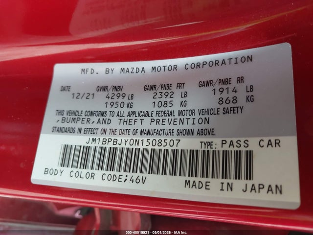2022 Mazda Mazda3 2.5 Turbo მანქანა იყიდება აუქციონზე, vin: JM1BPBJYON1508507, აუქციონის ნომერი: 45015921
