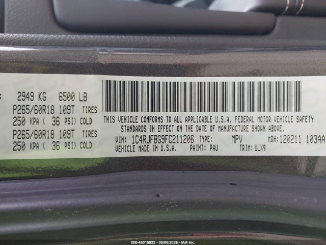 2015 Jeep Grand Cherokee Limited მანქანა იყიდება აუქციონზე, vin: 1C4RJFBG9FC211206, აუქციონის ნომერი: 45015922