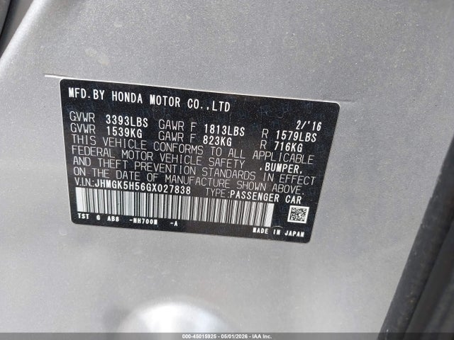 Aukcja sprzedaży 2016 Honda Fit Lx, vin: JHMGK5H56GX027838, numer aukcji: 45015925