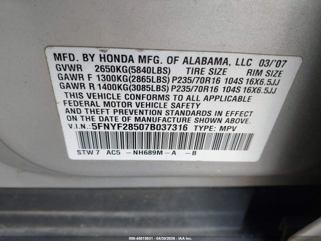 45015931 :رقم المزاد ، 5FNYF28507B037316 vin ، 2007 Honda Pilot Ex-l مزاد بيع