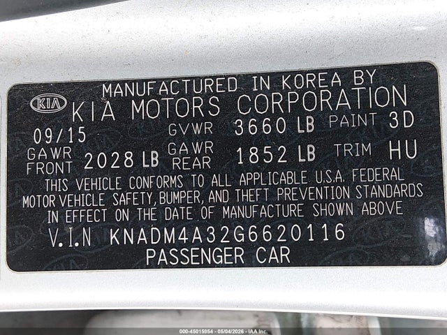 KNADM4A32G6620116 KIA RIO LX