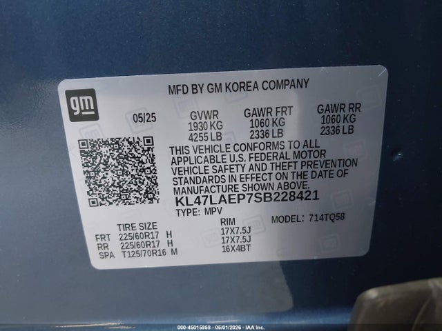 45015958 :رقم المزاد ، KL47LAEP7SB228421 vin ، 2025 Buick Envista Preferred Fwd مزاد بيع