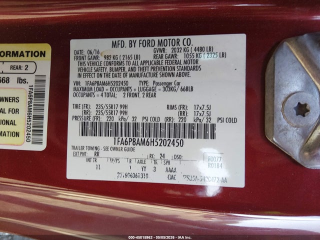 Auction sale of the 2017 Ford Mustang V6, vin: 1FA6P8AM6H5202450, lot number: 45015962