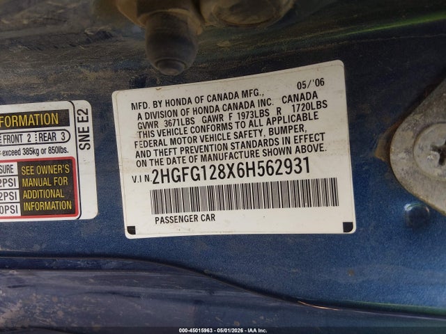 2006 Honda Civic Ex მანქანა იყიდება აუქციონზე, vin: 2HGFG128X6H562931, აუქციონის ნომერი: 45015963