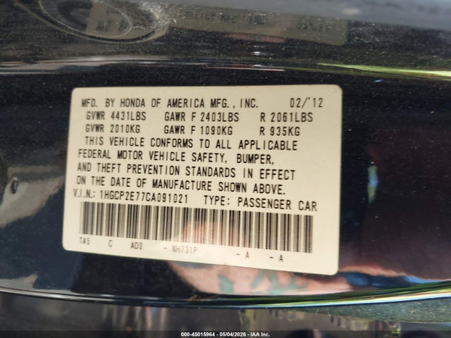 Aukcja sprzedaży 2012 Honda Accord 2.4 Ex, vin: 1HGCP2E77CA091021, numer aukcji: 45015964