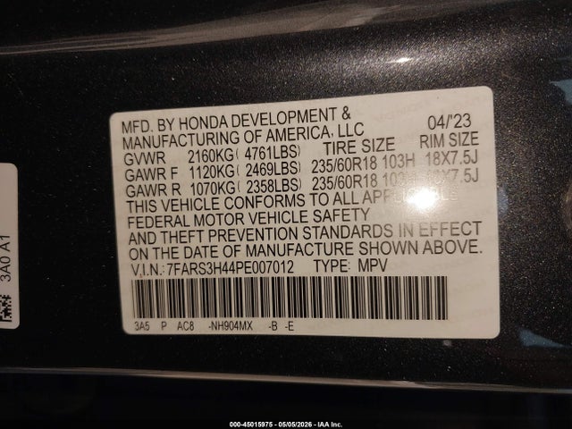 45015975 :رقم المزاد ، 7FARS3H44PE007012 vin ، 2023 Honda Cr-v Ex 2wd مزاد بيع