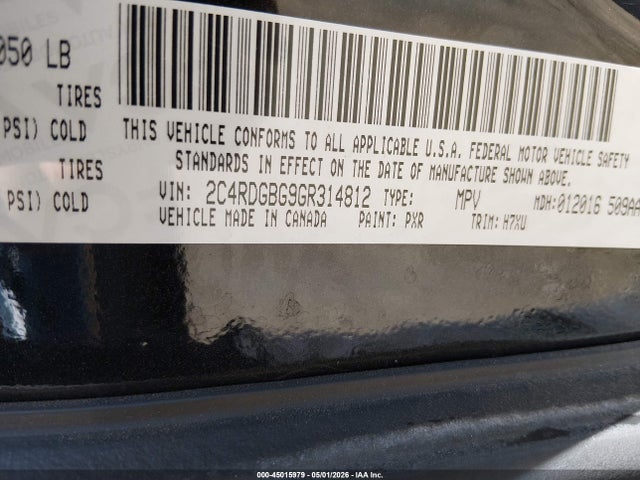 2016 Dodge Grand Caravan American Value Pkg მანქანა იყიდება აუქციონზე, vin: 2C4RDGBG9GR314812, აუქციონის ნომერი: 45015979