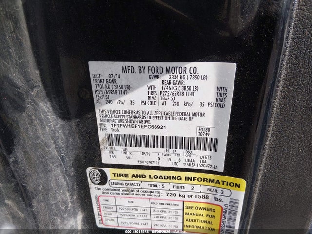 Продажа на аукционе авто 2014 Ford F-150 Xlt, vin: 1FTFW1EF1EFC66921, номер лота: 45015986