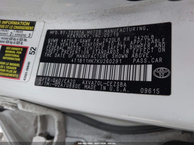 Aukcja sprzedaży 2019 Toyota Camry Se, vin: 4T1B11HK7KU260291, numer aukcji: 45015994