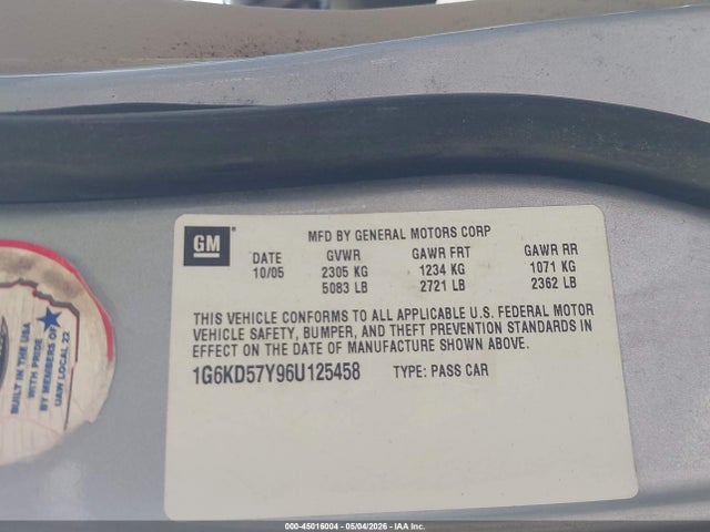 2006 Cadillac Dts Standard მანქანა იყიდება აუქციონზე, vin: 1G6KD57Y96U125458, აუქციონის ნომერი: 45016004