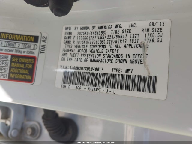 Aukcja sprzedaży 2013 Honda Cr-v Ex-l, vin: 5J6RM3H7XDL049817, numer aukcji: 45016008