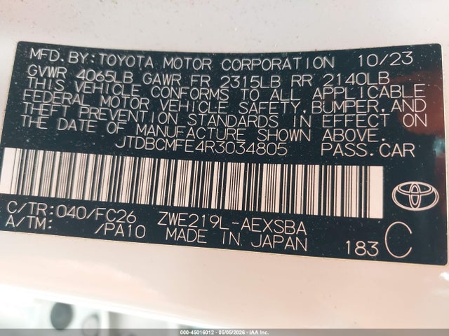 45016012 :رقم المزاد ، JTDBCMFE4R3034805 vin ، 2024 Toyota Corolla Hybrid Se مزاد بيع