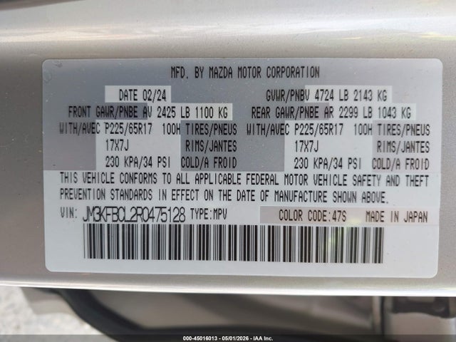 Продаж на аукціоні авто 2024 Mazda Cx-5 2.5 S Preferred, vin: JM3KFBCL2R0475128, номер лоту: 45016013