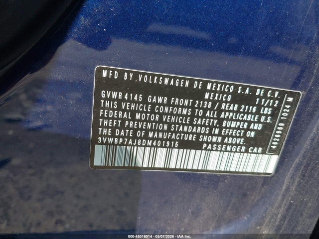 Продаж на аукціоні авто 2013 Volkswagen Jetta 2.5l Se, vin: 3VWBP7AJ8DM401915, номер лоту: 45016014