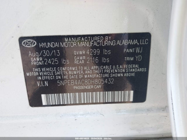 45016025 :رقم المزاد ، 5NPEB4AC8DH805432 vin ، 2013 Hyundai Sonata Gls مزاد بيع
