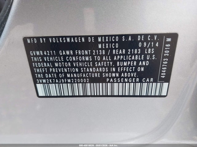 Aukcja sprzedaży 2015 Volkswagen Jetta 2.0l S, vin: 3VW2K7AJ9FM220002, numer aukcji: 45016026