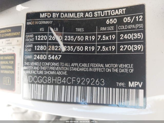 45016028 :رقم المزاد ، WDCGG8HB4CF929263 vin ، 2012 Mercedes-benz Glk 350 4matic مزاد بيع