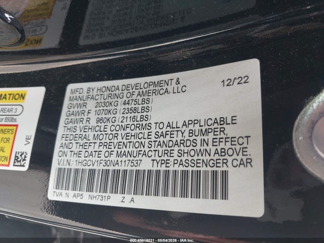 2022 Honda Accord Sport მანქანა იყიდება აუქციონზე, vin: 1HGCV1F30NA117537, აუქციონის ნომერი: 45016031