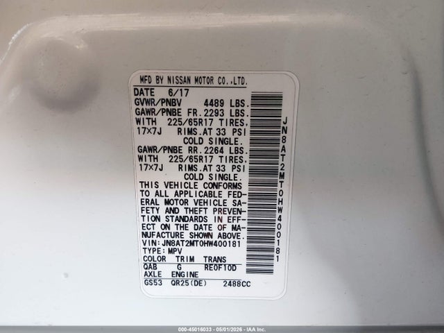 45016033 :رقم المزاد ، JN8AT2MT0HW400181 vin ، 2017 Nissan Rogue Sv مزاد بيع
