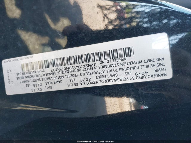 45016034 :رقم المزاد ، 3VW2K7AJ1BM079307 vin ، 2011 Volkswagen Jetta 2.0l S مزاد بيع