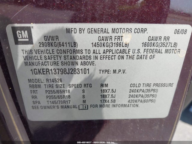 Продажа на аукционе авто 2008 Gmc Acadia Sle-1, vin: 1GKER13798J283101, номер лота: 45016037