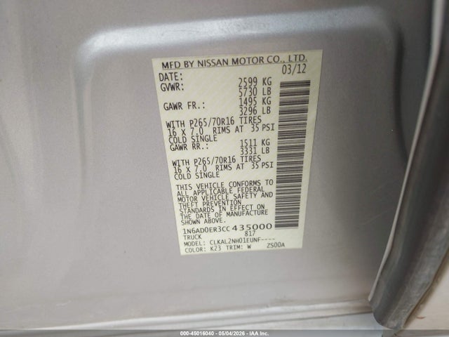 2012 Nissan Frontier Sv მანქანა იყიდება აუქციონზე, vin: 1N6AD0ER3CC435000, აუქციონის ნომერი: 45016040