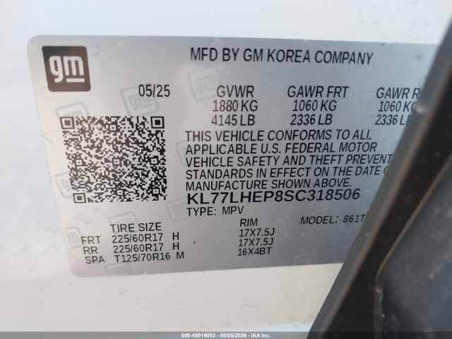 45016053 :رقم المزاد ، KL77LHEP8SC318506 vin ، 2025 Chevrolet Trax Fwd Lt مزاد بيع