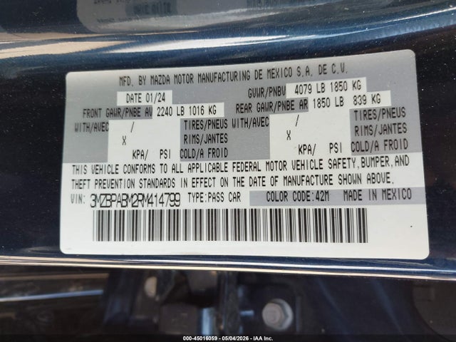 Продажа на аукционе авто 2024 Mazda Mazda3 2.5 S Select Sport, vin: 3MZBPABM2RM414799, номер лота: 45016059