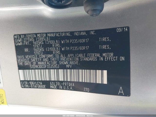 Продаж на аукціоні авто 2015 Toyota Sienna Xle 8 Passenger, vin: 5TDYK3DC0FS535953, номер лоту: 45016068