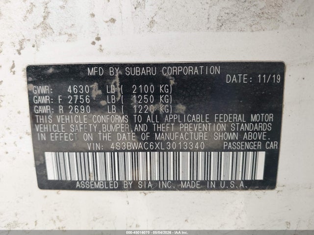 2020 Subaru Legacy Premium მანქანა იყიდება აუქციონზე, vin: 4S3BWAC6XL3013340, აუქციონის ნომერი: 45016070
