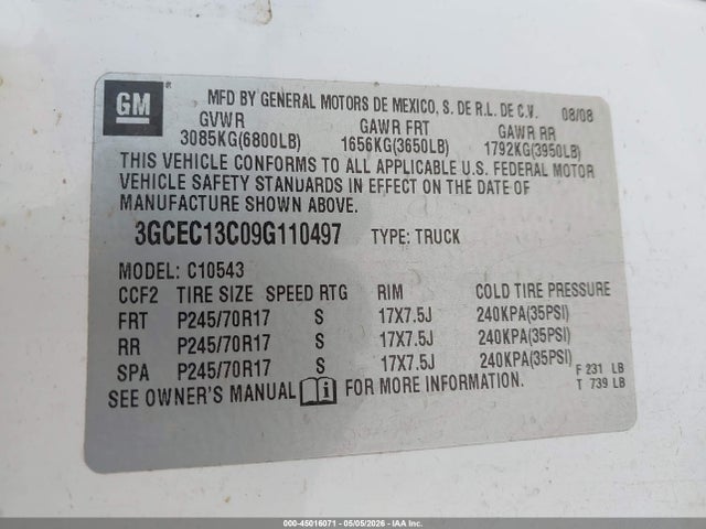45016071 :رقم المزاد ، 3GCEC13C09G110497 vin ، 2009 Chevrolet Silverado 1500 Ls مزاد بيع