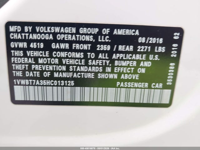 Aukcja sprzedaży 2017 Volkswagen Passat 1.8t Se, vin: 1VWBT7A35HC013125, numer aukcji: 45016078