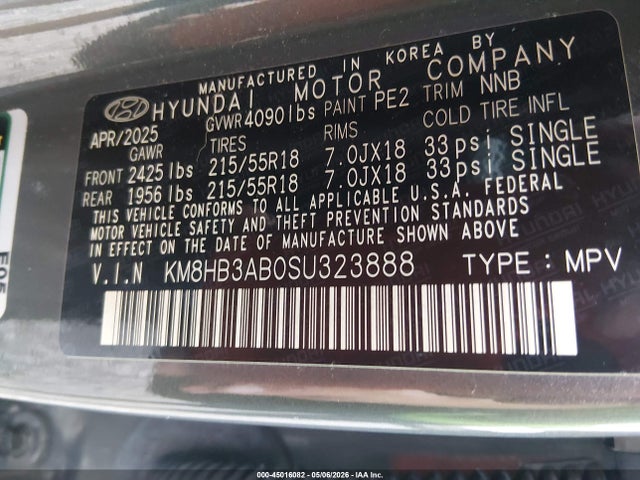 Aukcja sprzedaży 2025 Hyundai Kona Sel, vin: KM8HB3AB0SU323888, numer aukcji: 45016082