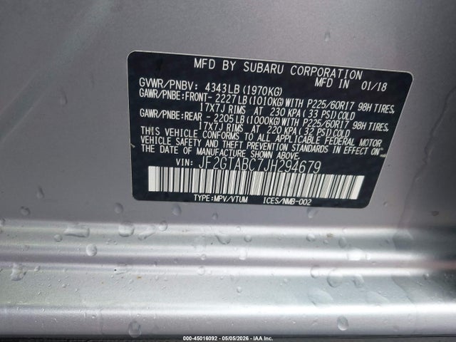 45016092 :رقم المزاد ، JF2GTABC7JH294679 vin ، 2018 Subaru Crosstrek 2.0i Premium مزاد بيع