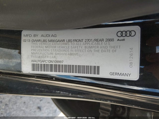 2013 Audi A7 3.0t Premium მანქანა იყიდება აუქციონზე, vin: WAUYGAFC1DN109997, აუქციონის ნომერი: 45016097