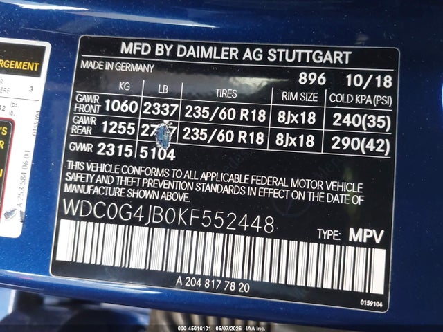 45016101 :رقم المزاد ، WDC0G4JB0KF552448 vin ، 2019 Mercedes-benz Glc 300 مزاد بيع