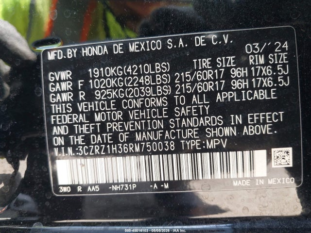 Продажа на аукционе авто 2024 Honda Hr-v 2wd Lx, vin: 3CZRZ1H36RM750038, номер лота: 45016103