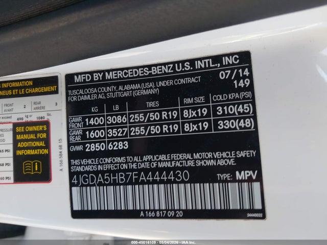 Auction sale of the 2015 Mercedes-benz Ml 350 4matic, vin: 4JGDA5HB7FA444430, lot number: 45016109
