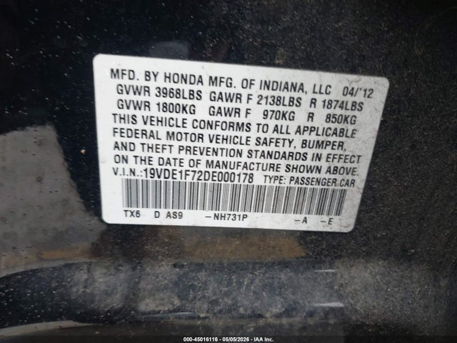 45016116 :رقم المزاد ، 19VDE1F72DE000178 vin ، 2013 Acura Ilx 2.0l مزاد بيع