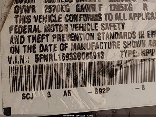 45016139 :رقم المزاد ، 5FNRL18933B088913 vin ، 2003 Honda Odyssey Ex-l مزاد بيع