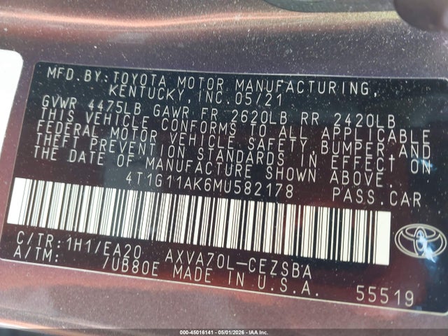 Aukcja sprzedaży 2021 Toyota Camry Se, vin: 4T1G11AK6MU582178, numer aukcji: 45016141