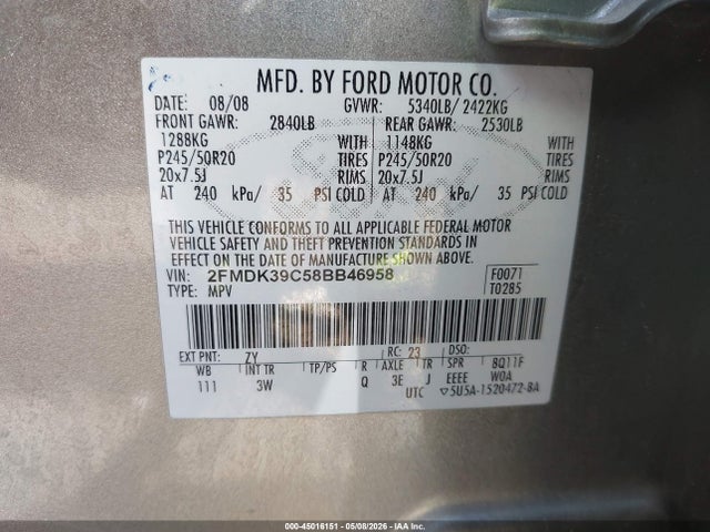 Aukcja sprzedaży 2008 Ford Edge Limited, vin: 2FMDK39C58BB46958, numer aukcji: 45016151