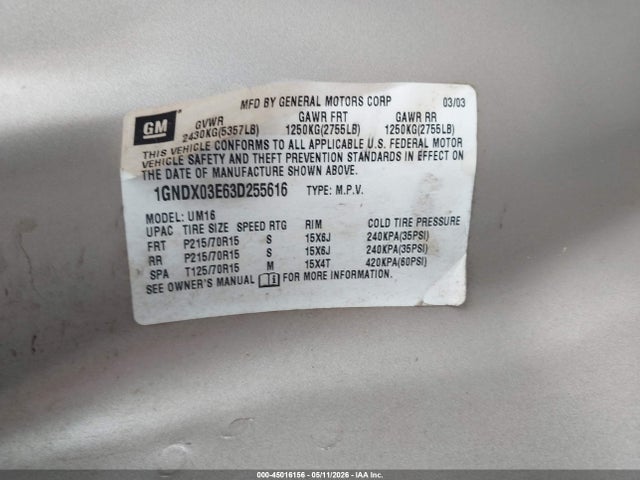 Продаж на аукціоні авто 2003 Chevrolet Venture Ls, vin: 1GNDX03E63D255616, номер лоту: 45016156
