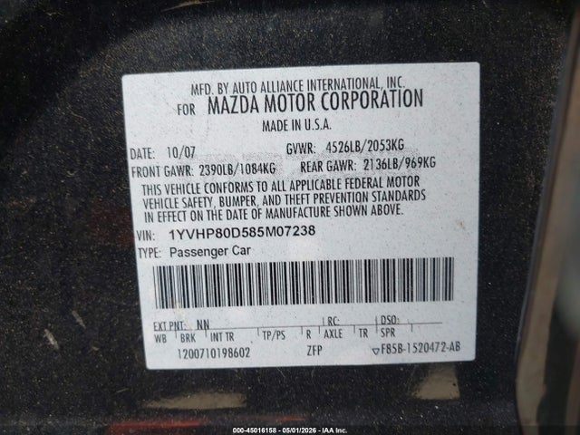 45016158 :رقم المزاد ، 1YVHP80D585M07238 vin ، 2008 Mazda Mazda6 S Touring مزاد بيع