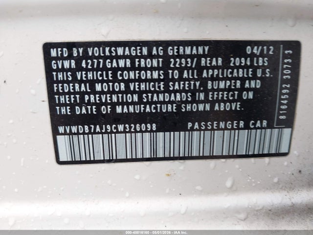Auction sale of the 2012 Volkswagen Golf 2.5l 4-door, vin: WVWDB7AJ9CW326098, lot number: 45016160