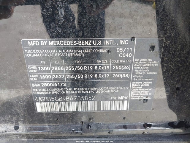 Aukcja sprzedaży 2011 Mercedes-benz Ml 350, vin: 4JGBB5GB9BA735852, numer aukcji: 45016163